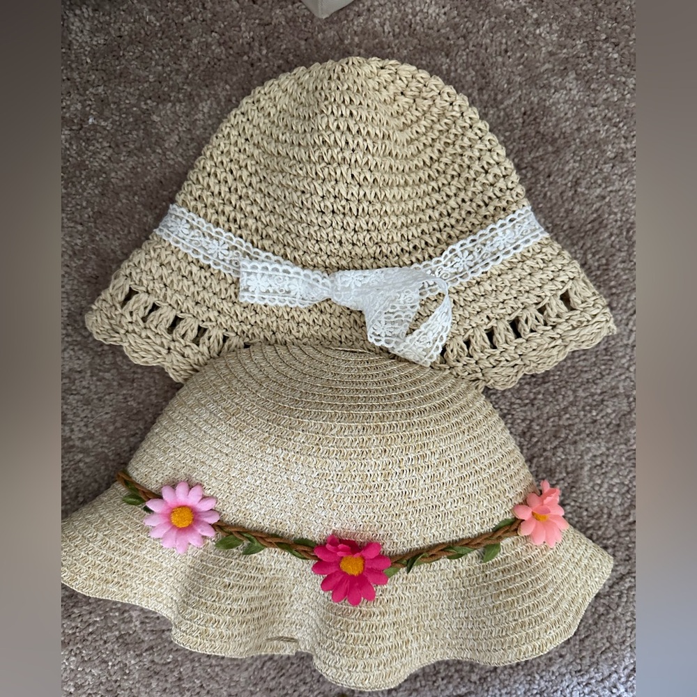 Two Bienvenu Girls Toddler Summer Straw Hats 2-3T